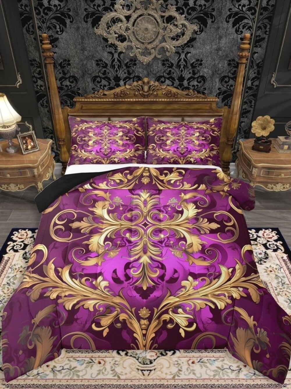 Golden Damask King Bedding, Florals Exotic Comforter Set